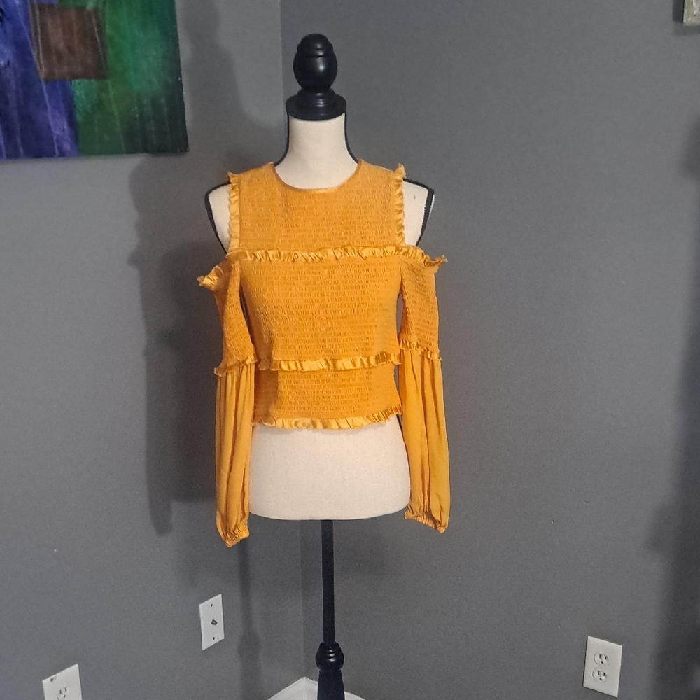 Cinq à Sept 100% Silk Mustard Ruffled Blouse